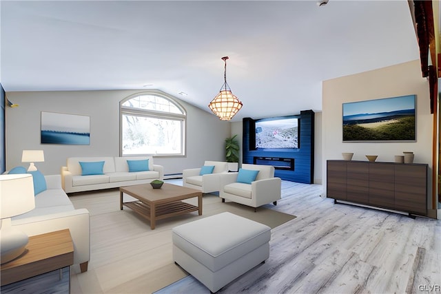 living room with a baseboard radiator, light hardwood / wood-style flooring, and vaulted ceiling