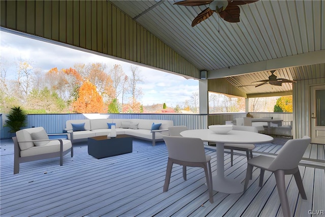 wooden terrace featuring ceiling fan and an outdoor living space