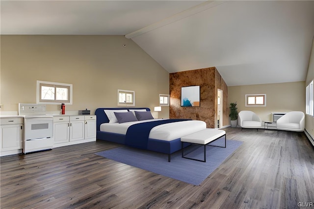 bedroom with high vaulted ceiling, dark hardwood / wood-style floors, and a wall mounted air conditioner