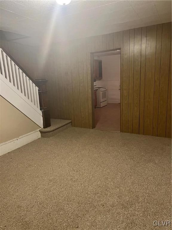 interior space featuring wood walls and carpet flooring