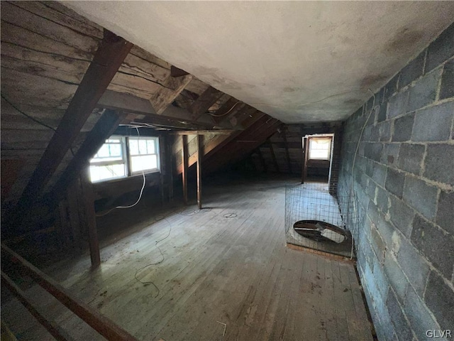 unfinished attic featuring a healthy amount of sunlight