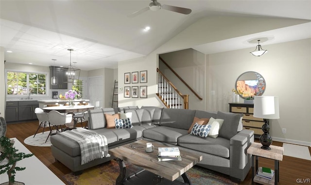 living room with ceiling fan with notable chandelier, dark hardwood / wood-style floors, vaulted ceiling, and sink