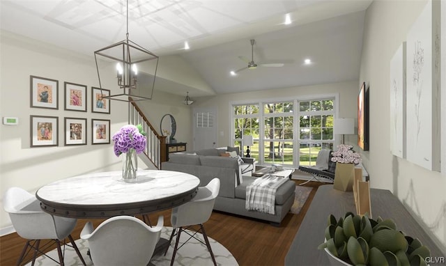 dining space featuring ceiling fan with notable chandelier, dark wood-type flooring, and lofted ceiling