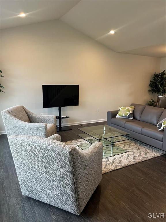 living room featuring lofted ceiling and dark wood-type flooring