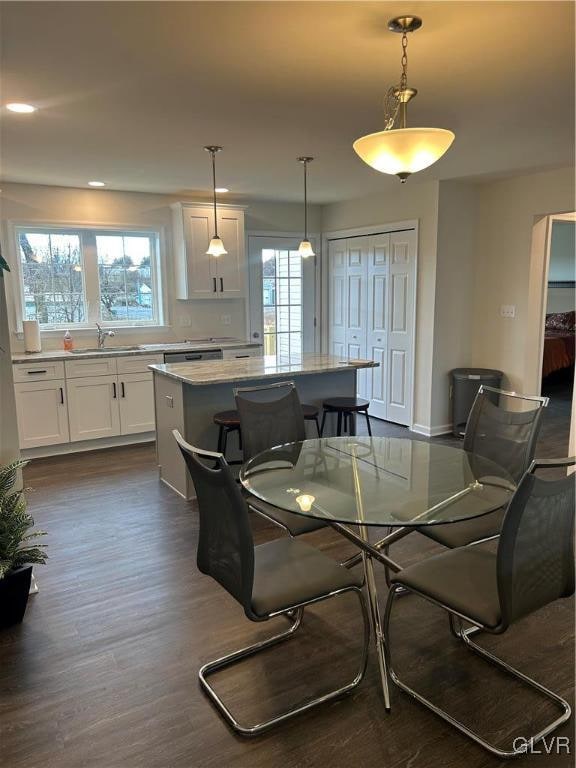 dining room with plenty of natural light, dark hardwood / wood-style flooring, and sink