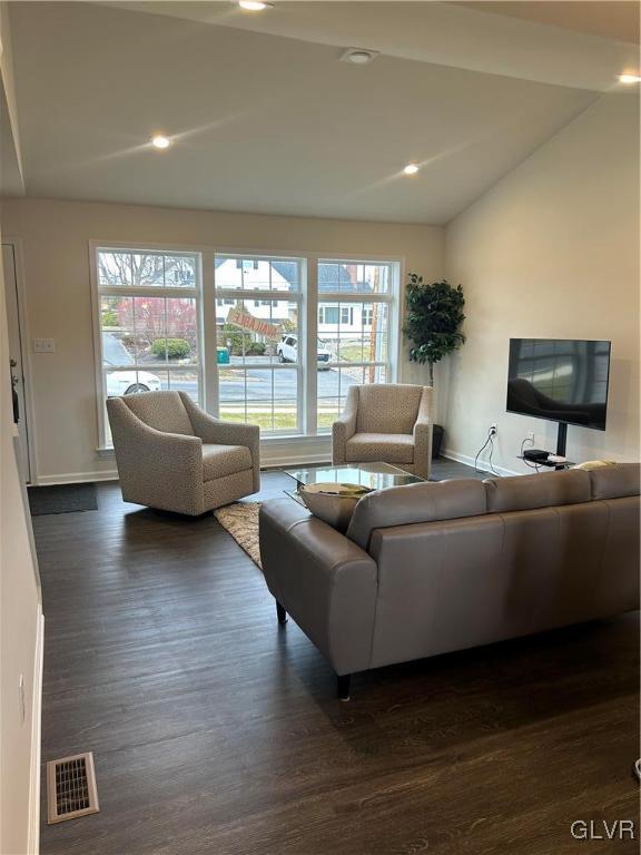 living room with lofted ceiling and dark wood-type flooring