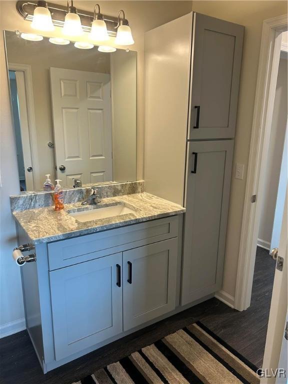 bathroom with wood-type flooring and vanity