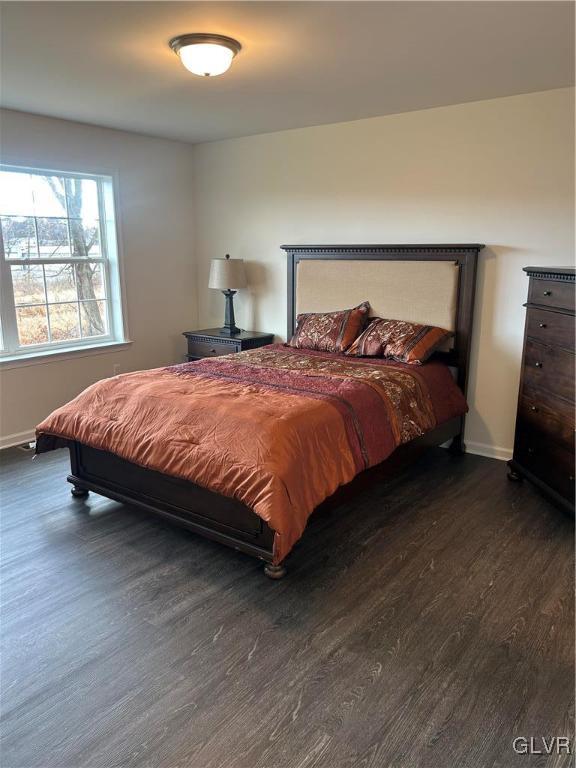 bedroom with dark hardwood / wood-style floors