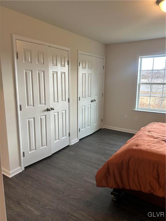 bedroom featuring multiple closets and dark hardwood / wood-style floors