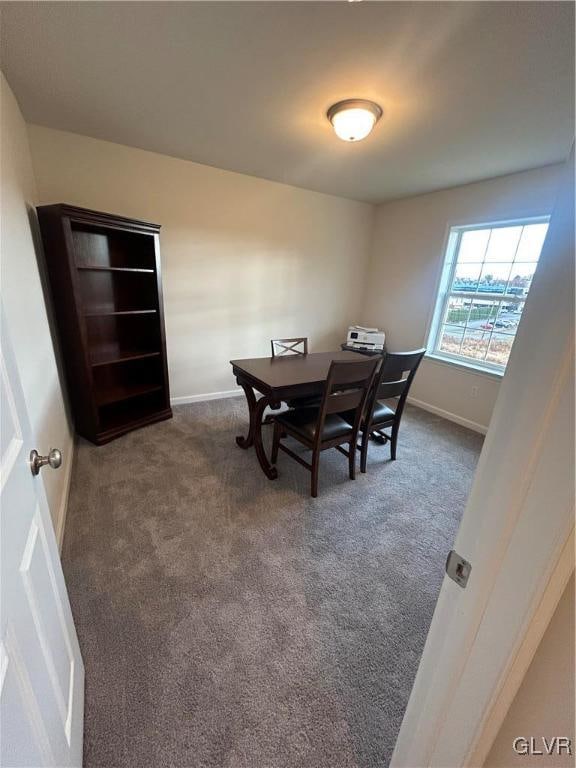 dining area with dark carpet