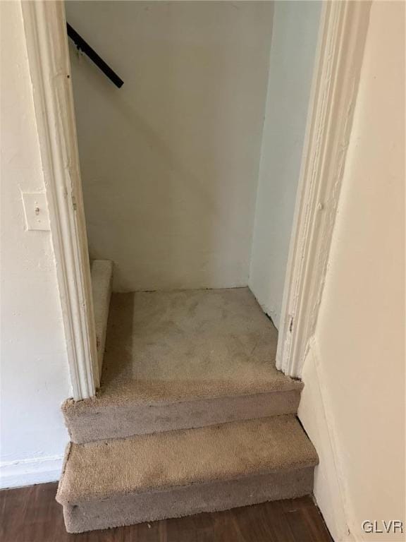 stairway featuring hardwood / wood-style flooring and a barn door