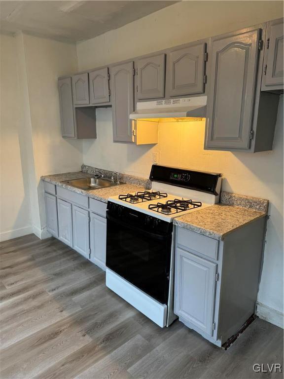 kitchen with gray cabinets, white stove, hardwood / wood-style floors, and sink