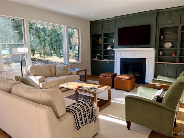 living room featuring hardwood / wood-style flooring and built in features