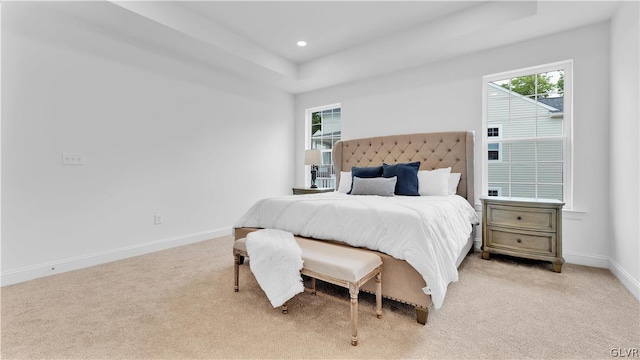 carpeted bedroom with a tray ceiling