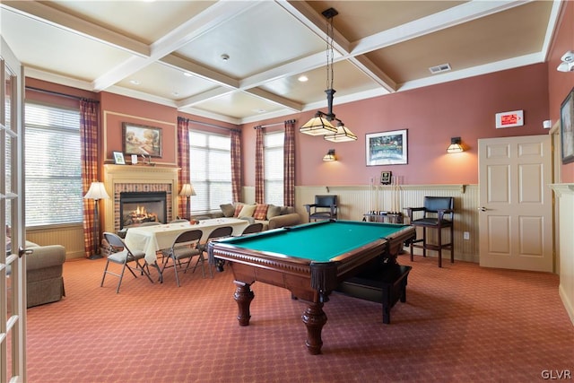 rec room with coffered ceiling, billiards, and a wealth of natural light