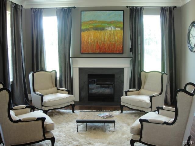 sitting room featuring hardwood / wood-style floors and ornamental molding