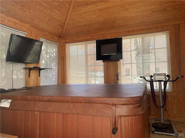 interior space with lofted ceiling, wooden walls, and wooden ceiling