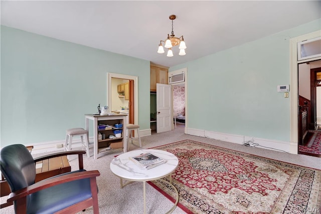 interior space with an inviting chandelier and light carpet