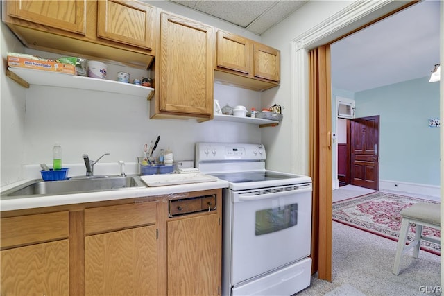 kitchen featuring white electric stove, open shelves, a sink, light countertops, and light brown cabinetry