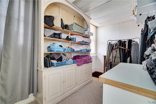 spacious closet with a paneled ceiling and light colored carpet