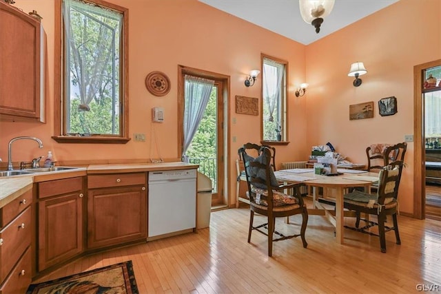 dining room with sink, plenty of natural light, and light wood-type flooring