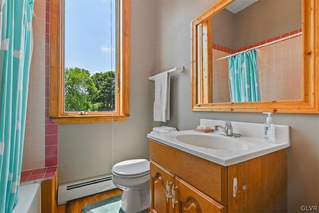 full bathroom featuring vanity, wood-type flooring, shower / bath combination with curtain, a baseboard heating unit, and toilet