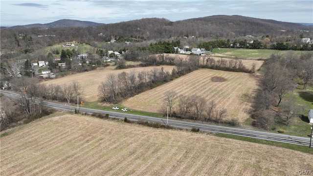 bird's eye view featuring a rural view and a mountain view