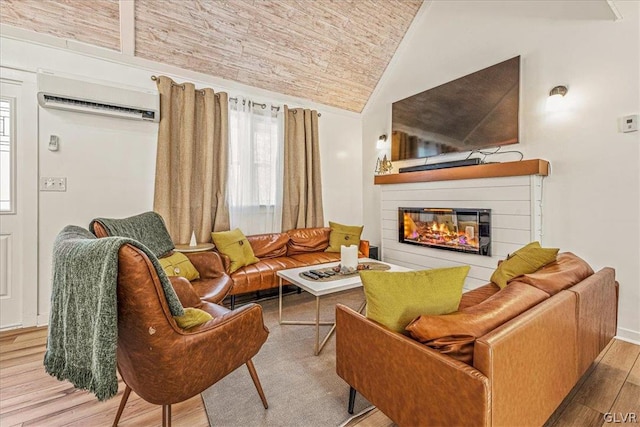 living room with a wall mounted air conditioner, light wood-type flooring, and high vaulted ceiling