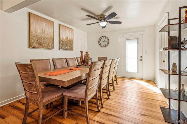 dining area with ceiling fan and light wood-type flooring