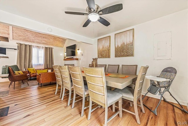 dining room featuring light hardwood / wood-style floors, electric panel, and ceiling fan