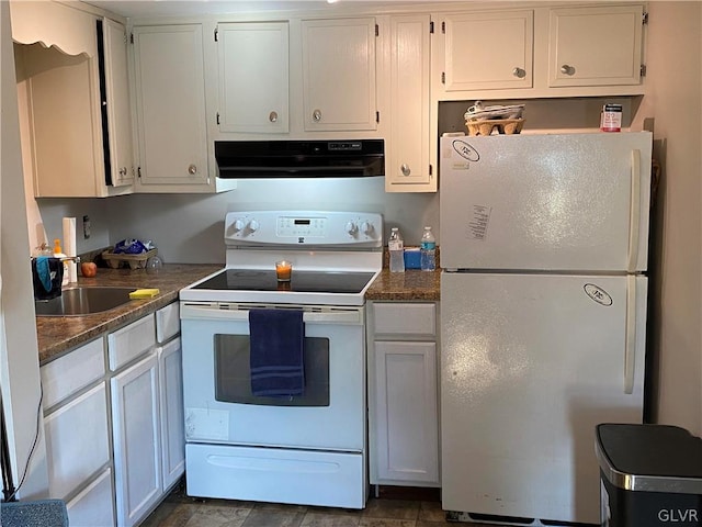 kitchen with white cabinets, white appliances, ventilation hood, dark stone counters, and sink