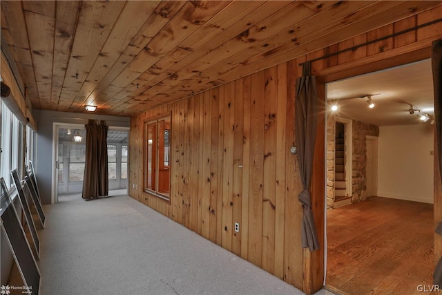 corridor featuring wood-type flooring and wooden walls