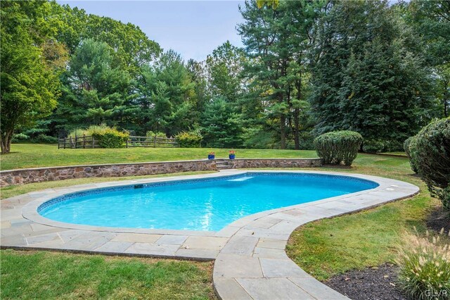 view of pool with a yard