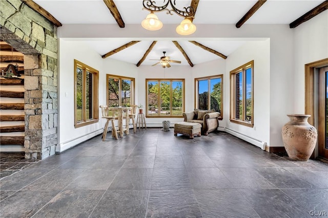 unfurnished room with ceiling fan with notable chandelier, a baseboard heating unit, baseboards, baseboard heating, and beamed ceiling