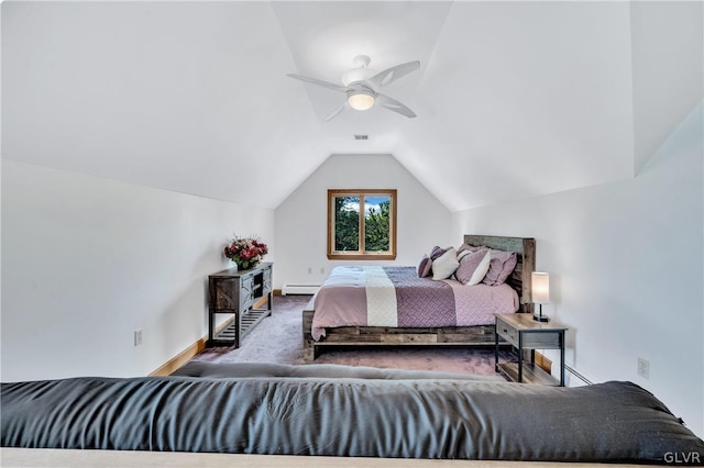 carpeted bedroom featuring lofted ceiling, a baseboard radiator, a baseboard heating unit, a ceiling fan, and baseboards