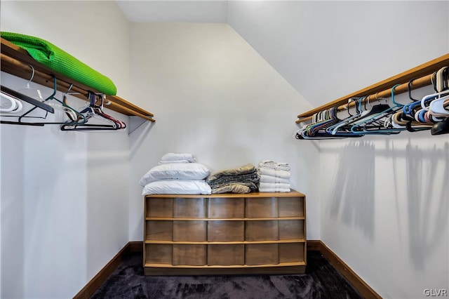 spacious closet featuring carpet and vaulted ceiling