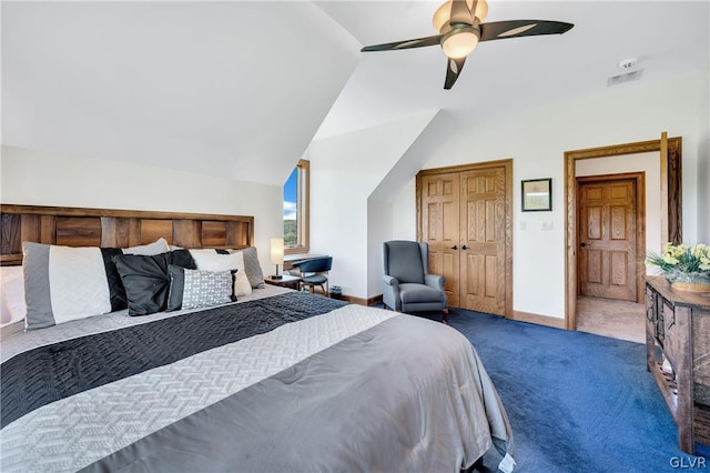 bedroom with visible vents, baseboards, a ceiling fan, lofted ceiling, and carpet floors