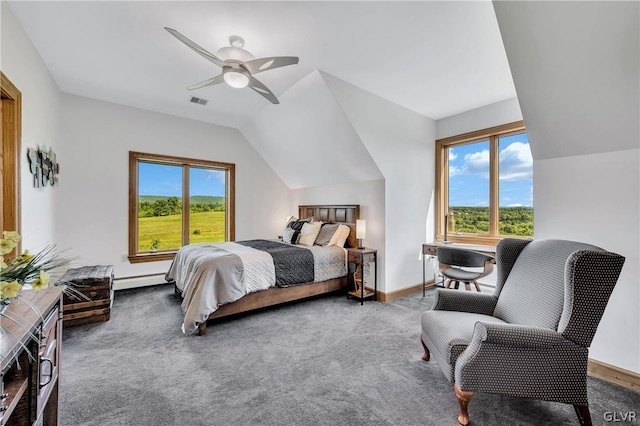 carpeted bedroom featuring lofted ceiling, a baseboard radiator, visible vents, a ceiling fan, and baseboards