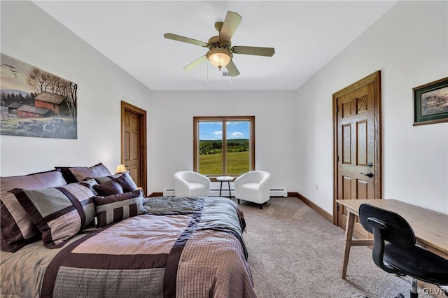 carpeted bedroom featuring a ceiling fan, a baseboard radiator, and baseboards