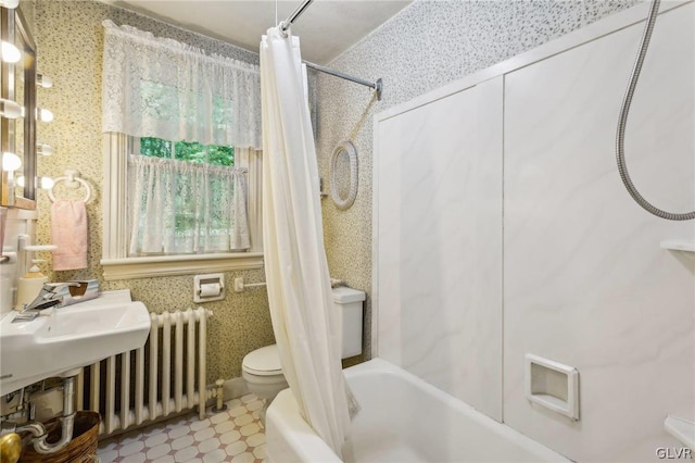 full bathroom featuring wallpapered walls, toilet, radiator heating unit, shower / bath combo, and tile patterned floors