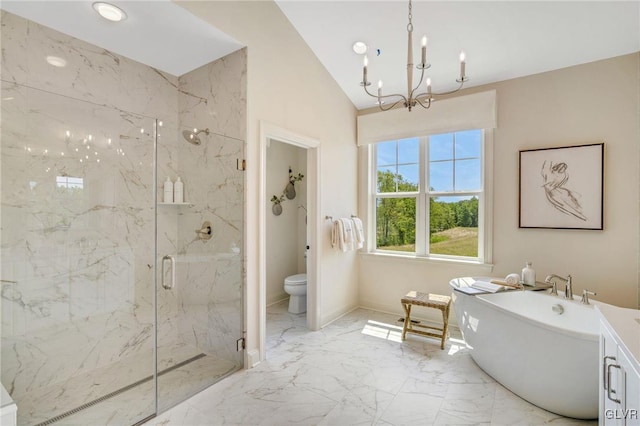 bathroom featuring a shower with shower door, vaulted ceiling, an inviting chandelier, tile patterned flooring, and toilet