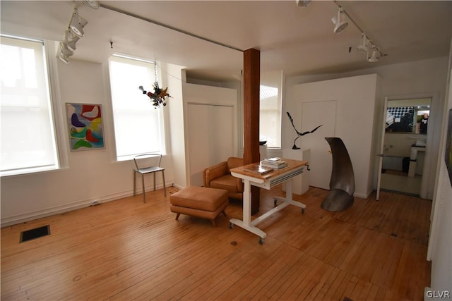 living area with track lighting and light hardwood / wood-style floors