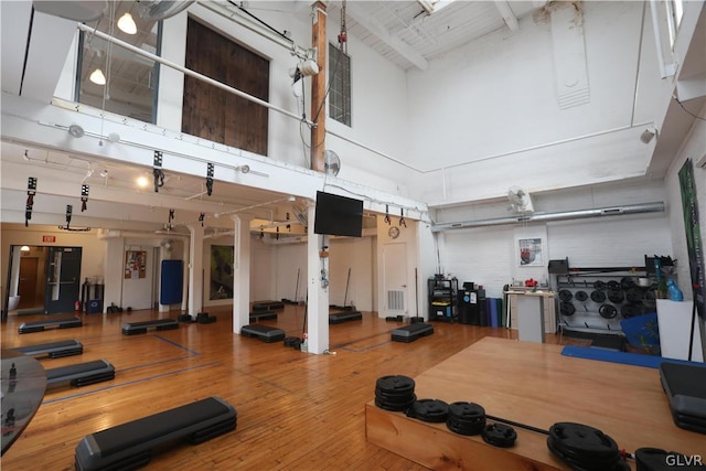 exercise room featuring a high ceiling and hardwood / wood-style floors