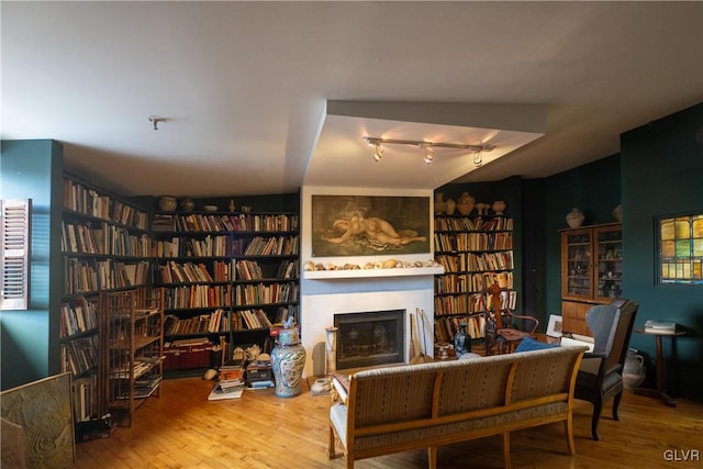 sitting room featuring bookshelves, wood finished floors, and a fireplace