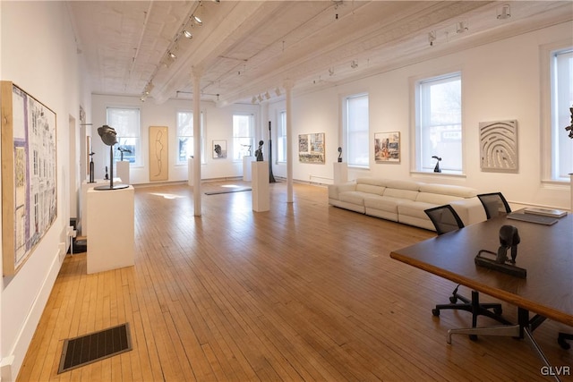 interior space with visible vents, light wood finished floors, rail lighting, and a healthy amount of sunlight