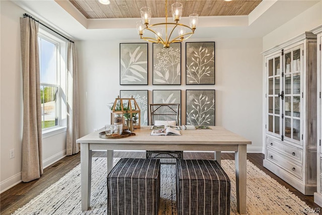 home office with wooden ceiling, a chandelier, dark hardwood / wood-style floors, and a tray ceiling