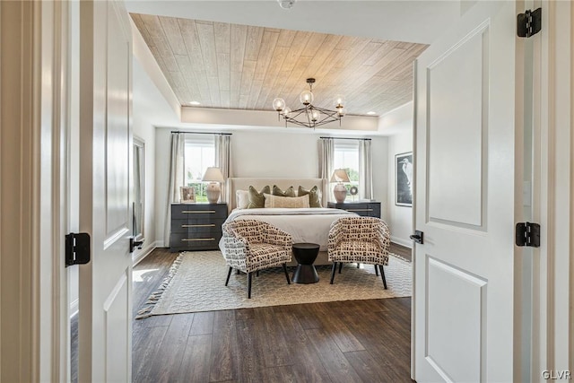 bedroom with wood-type flooring, wood ceiling, and a chandelier