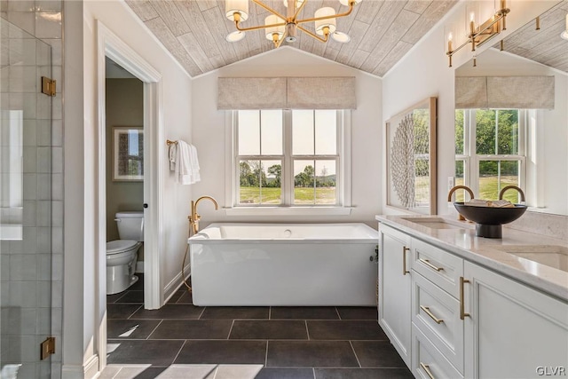 bathroom with toilet, tile patterned flooring, and wood ceiling