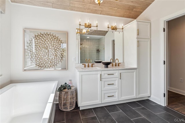 bathroom with dual vanity, wood ceiling, a relaxing tiled tub, and tile patterned flooring