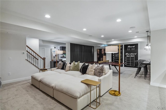 living room with light colored carpet